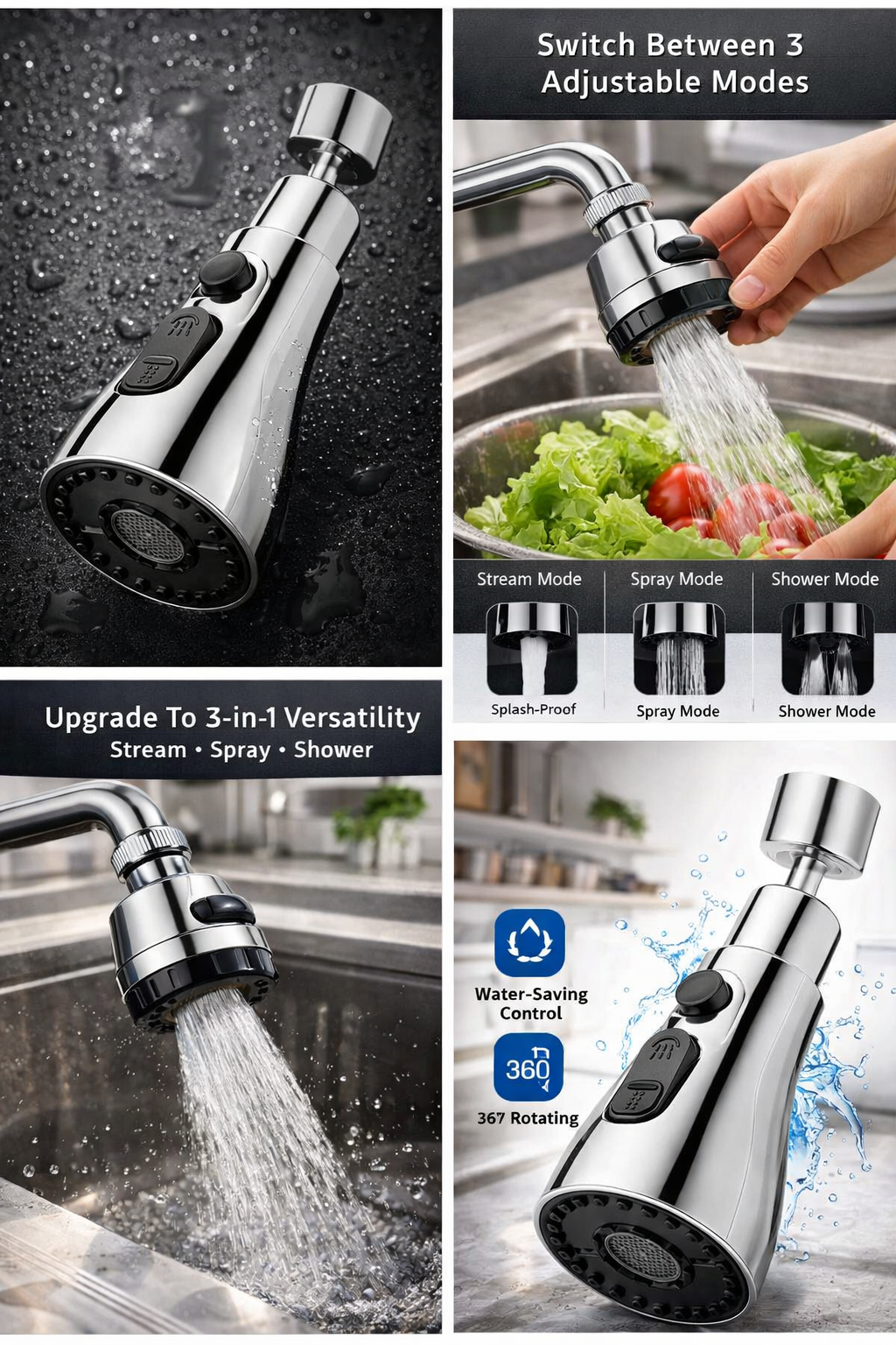 3-Mode Kitchen Sink Faucet – Adjustable Spray Head with Water Saving Control